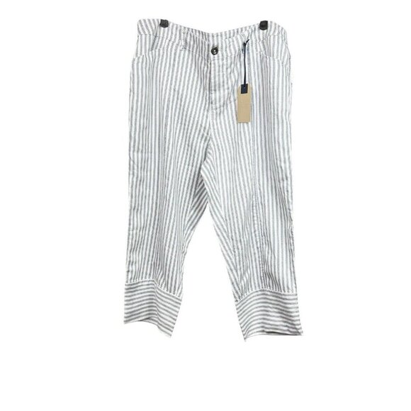 BLUE EARTH Cropped Pants Blue White Striped Soft Lyocell Linen Blend Sz 16 NWT - Picture 1 of 7